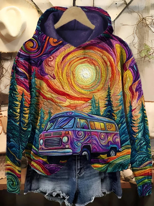 SARA | Kleurrijke hoodie met busje en zonsondergang